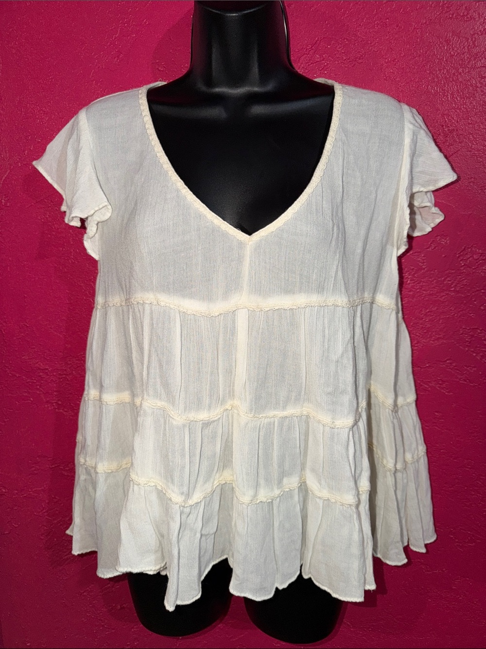 Denim & Supply Ralph Lauren Cream Tiered Flutter Sleeve boho babydoll Top. Sz L.